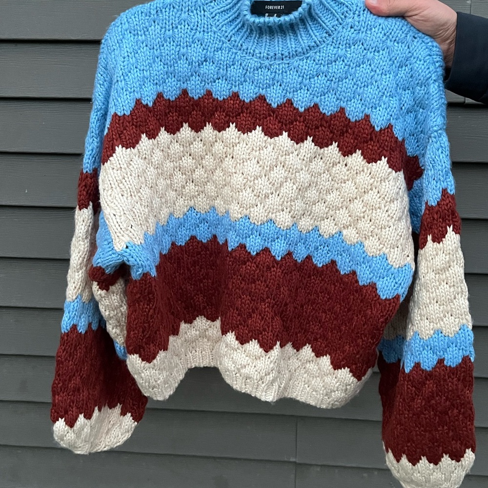 Forever 21 Blue, Cream & Burgundy Colorblock Knit Crewneck Sweater